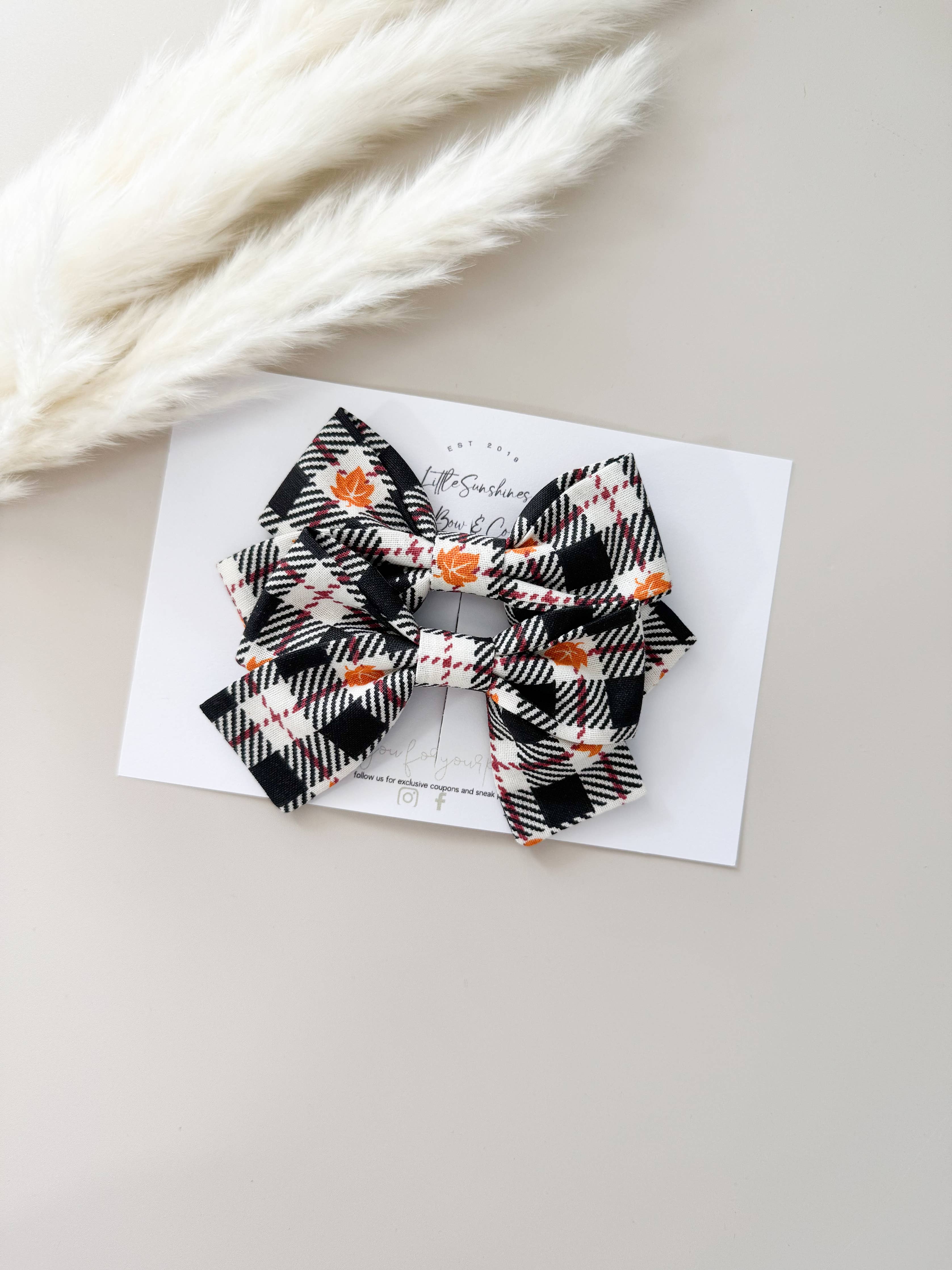 Orange Leaf Plaid Fall Pinwheel Hair Bow